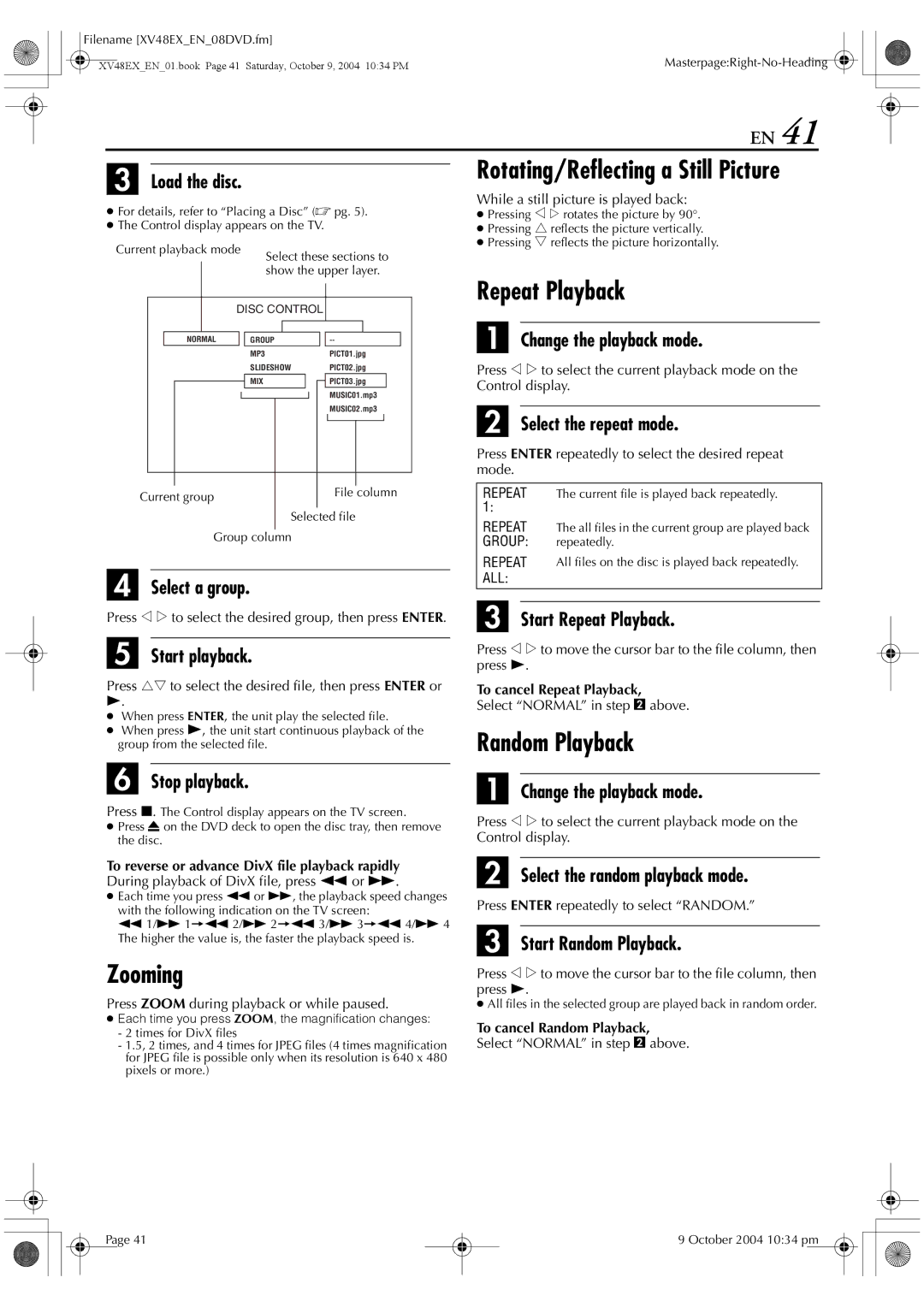 JVC HR-XV48E manual Load the disc, Select a group, Change the playback mode, Start Repeat Playback, Start Random Playback 