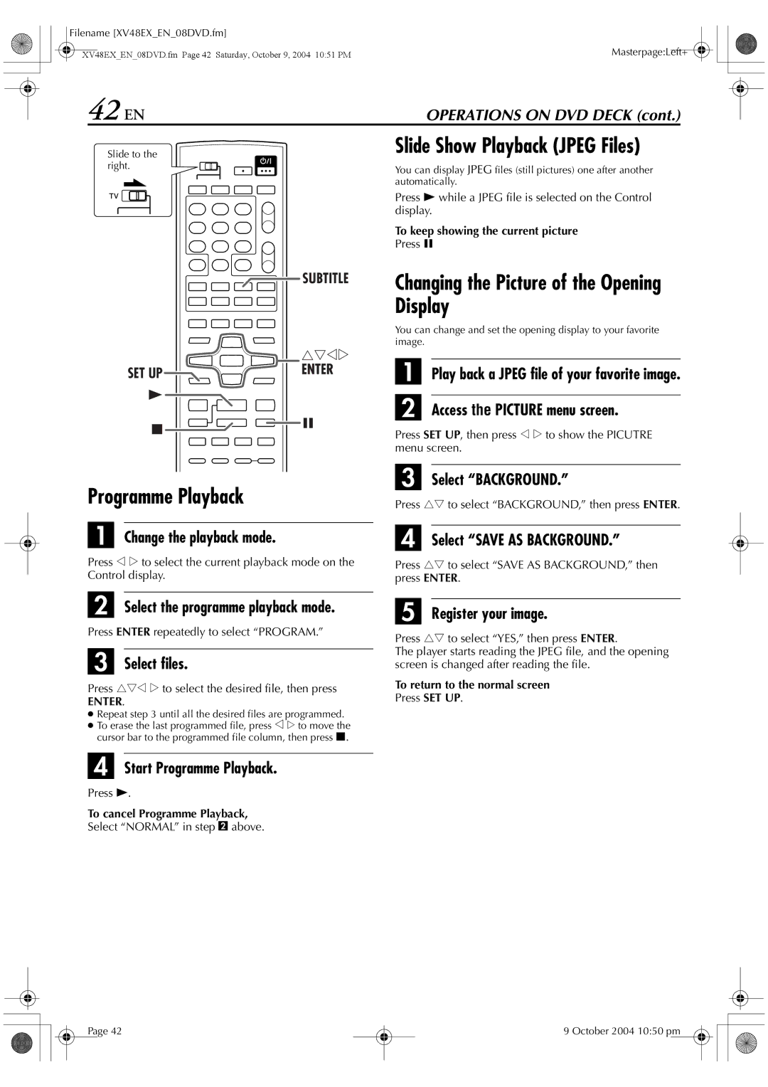 JVC HR-XV48E manual 42 EN, Slide Show Playback Jpeg Files, Changing the Picture of the Opening Display 