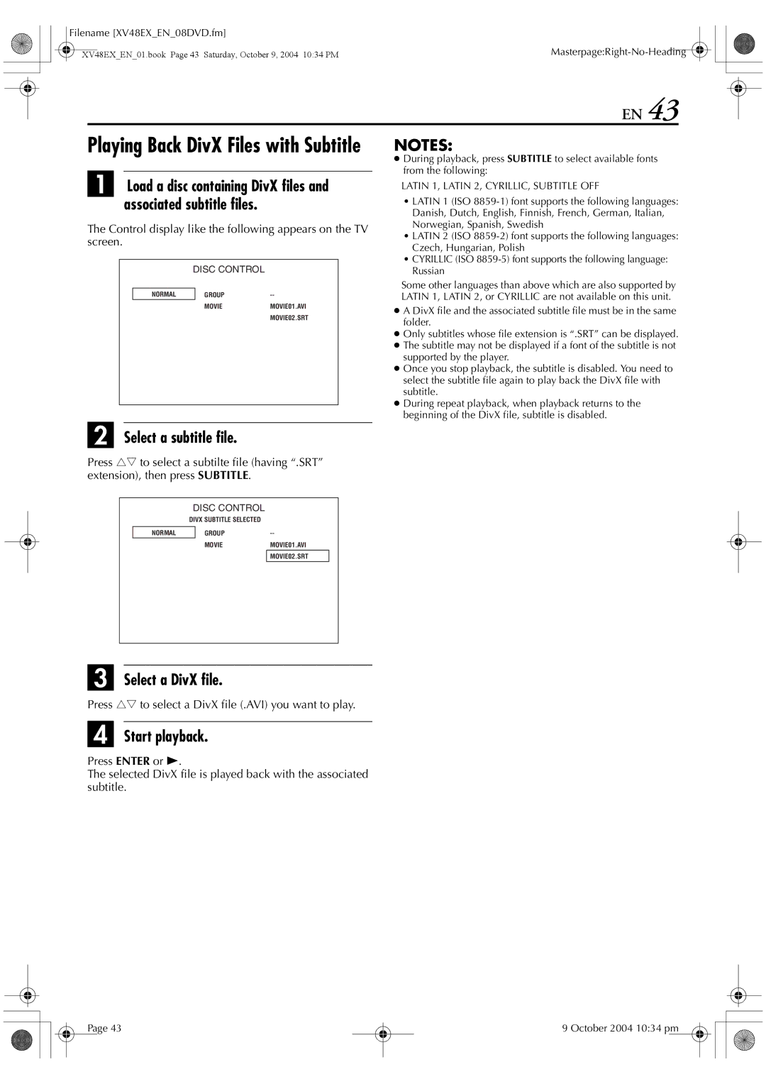 JVC HR-XV48E manual Select a subtitle file, Select a DivX file, Associated subtitle files, Screen 