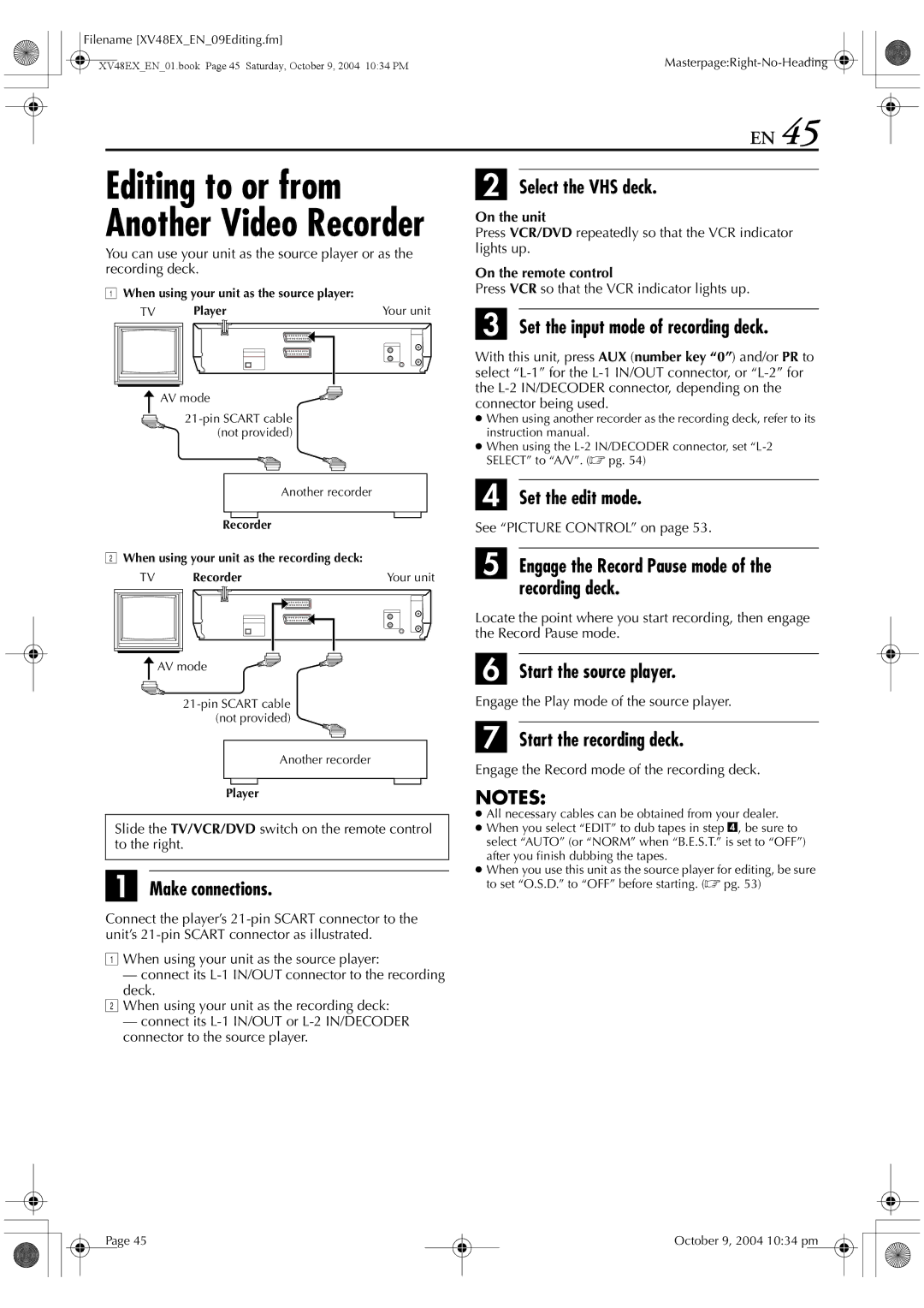 JVC HR-XV48E manual Make connections, Engage the Record Pause mode of the recording deck, Start the source player 