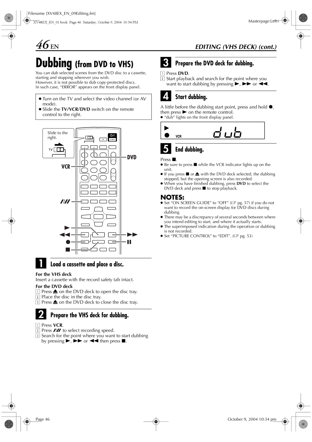 JVC HR-XV48E manual 46 EN, Start dubbing, End dubbing, Load a cassette and place a disc, Prepare the VHS deck for dubbing 