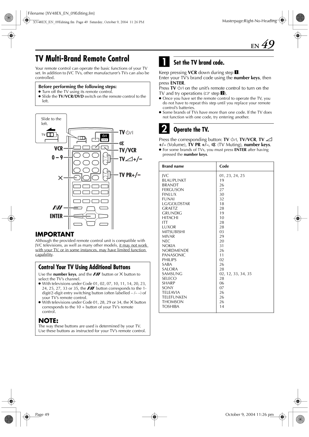 JVC HR-XV48E Set the TV brand code, Operate the TV, Keep pressing VCR down during step a, TV and try operations  step B 