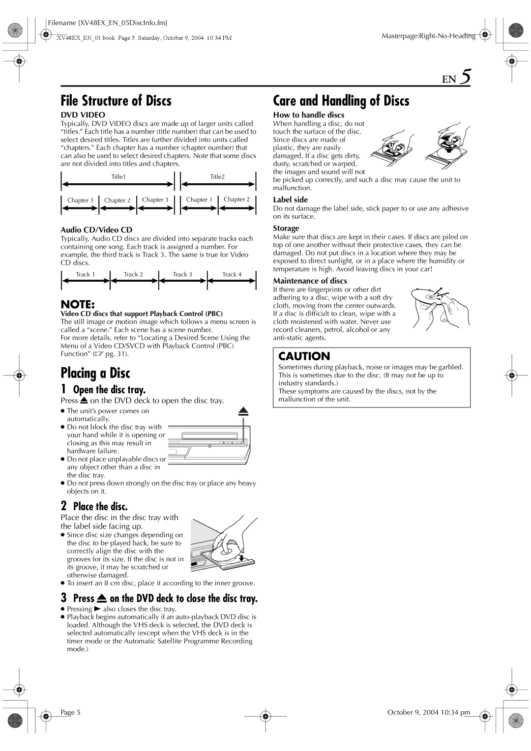 JVC HR-XV48E manual File Structure of Discs, Care and Handling of Discs, Placing a Disc 