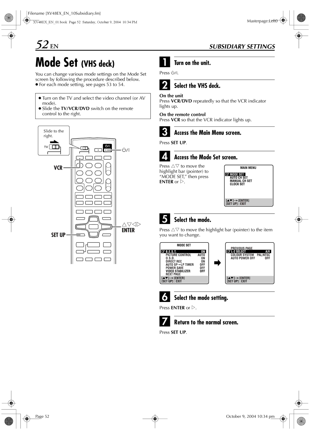 JVC HR-XV48E manual 52 EN, Mode Set VHS deck, Access the Main Menu screen, Access the Mode Set screen 
