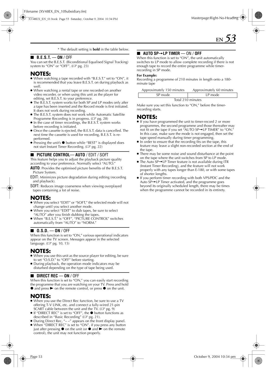 JVC HR-XV48E manual For Example, LP mode, When you use the Direct Rec function, be sure to use a TV 