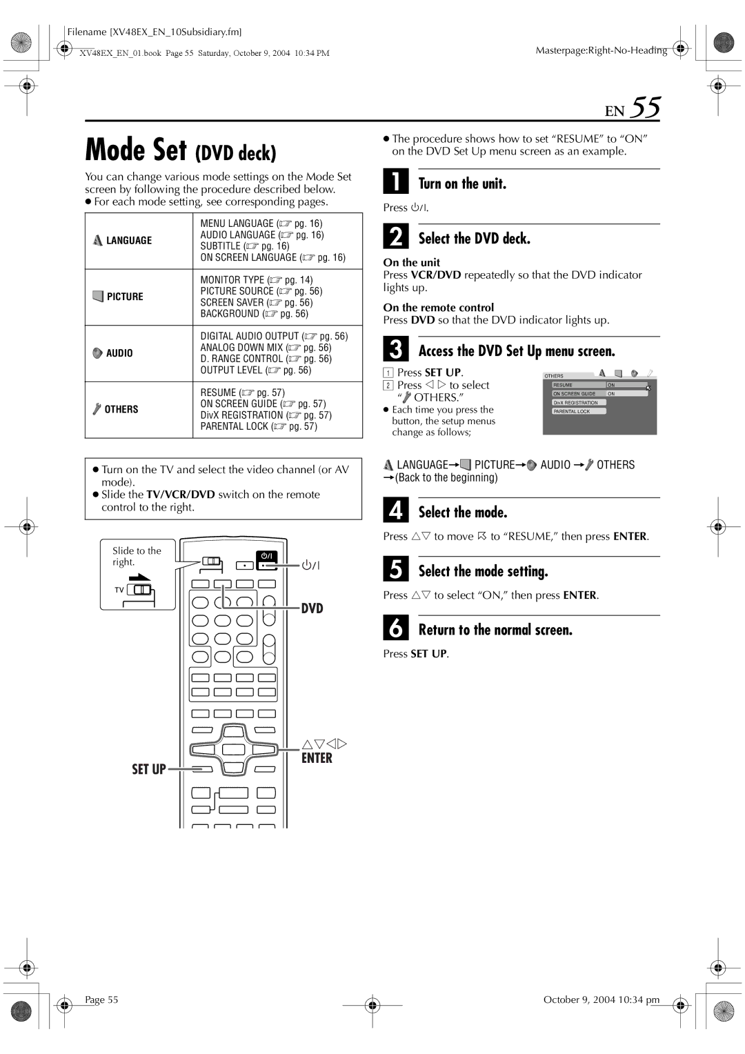 JVC HR-XV48E Mode Set DVD deck, For each mode setting, see corresponding pages, Press rt to select ON, then press Enter 