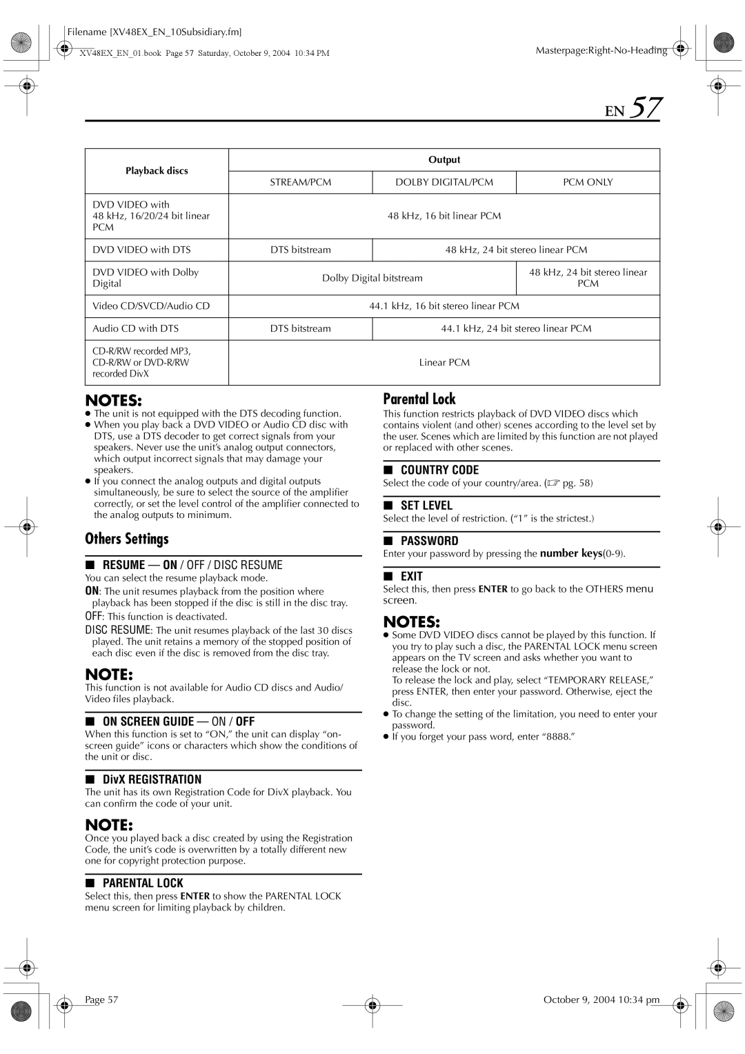 JVC HR-XV48E manual Parental Lock, Others Settings, Playback discs Output 