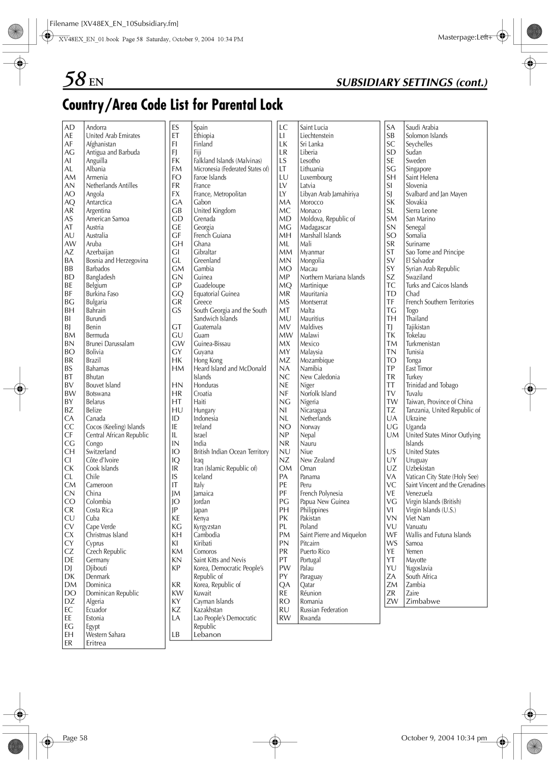 JVC HR-XV48E manual 58 EN, Country/Area Code List for Parental Lock 