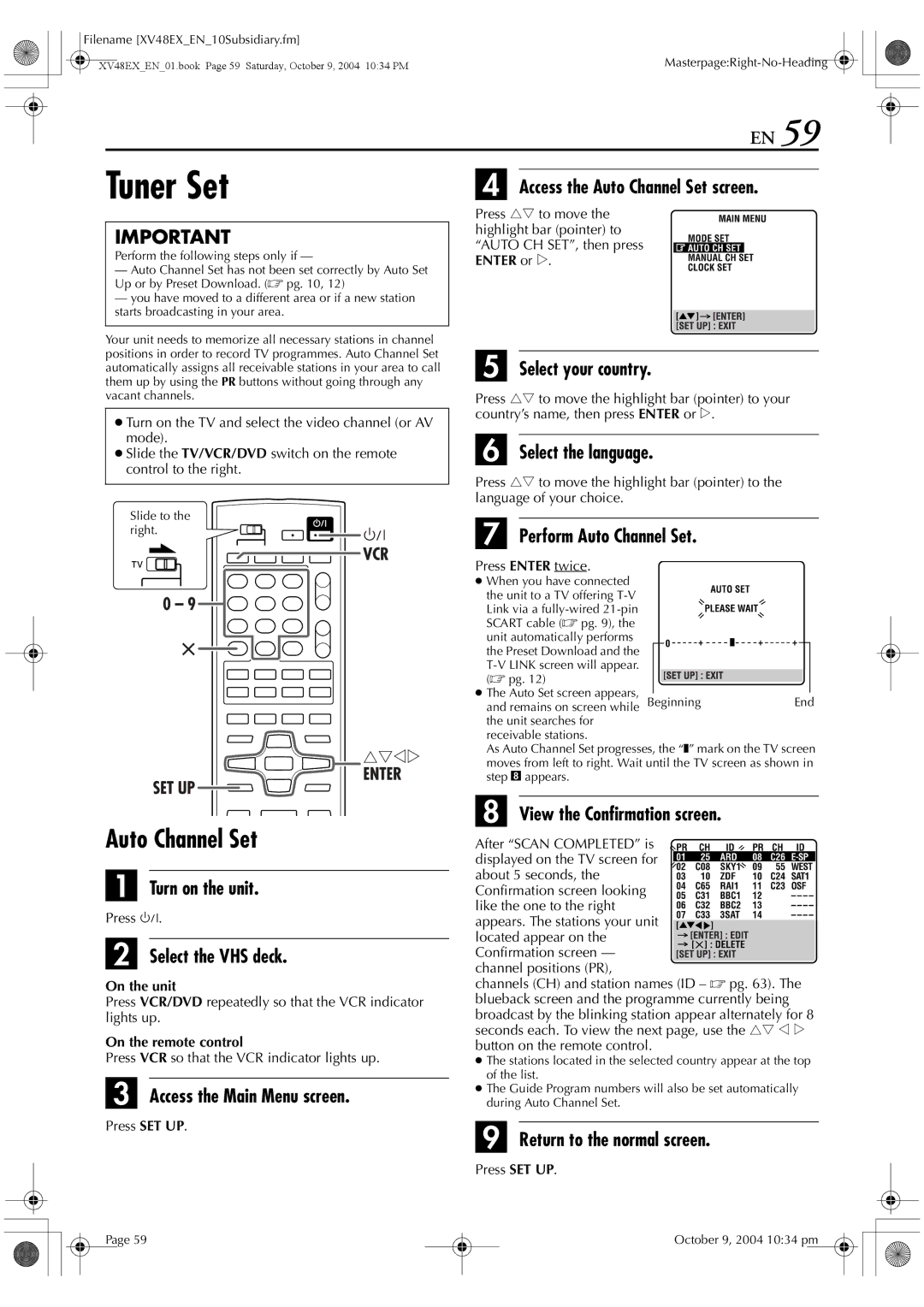 JVC HR-XV48E manual Tuner Set, Perform Auto Channel Set, View the Confirmation screen, Press Enter twice 