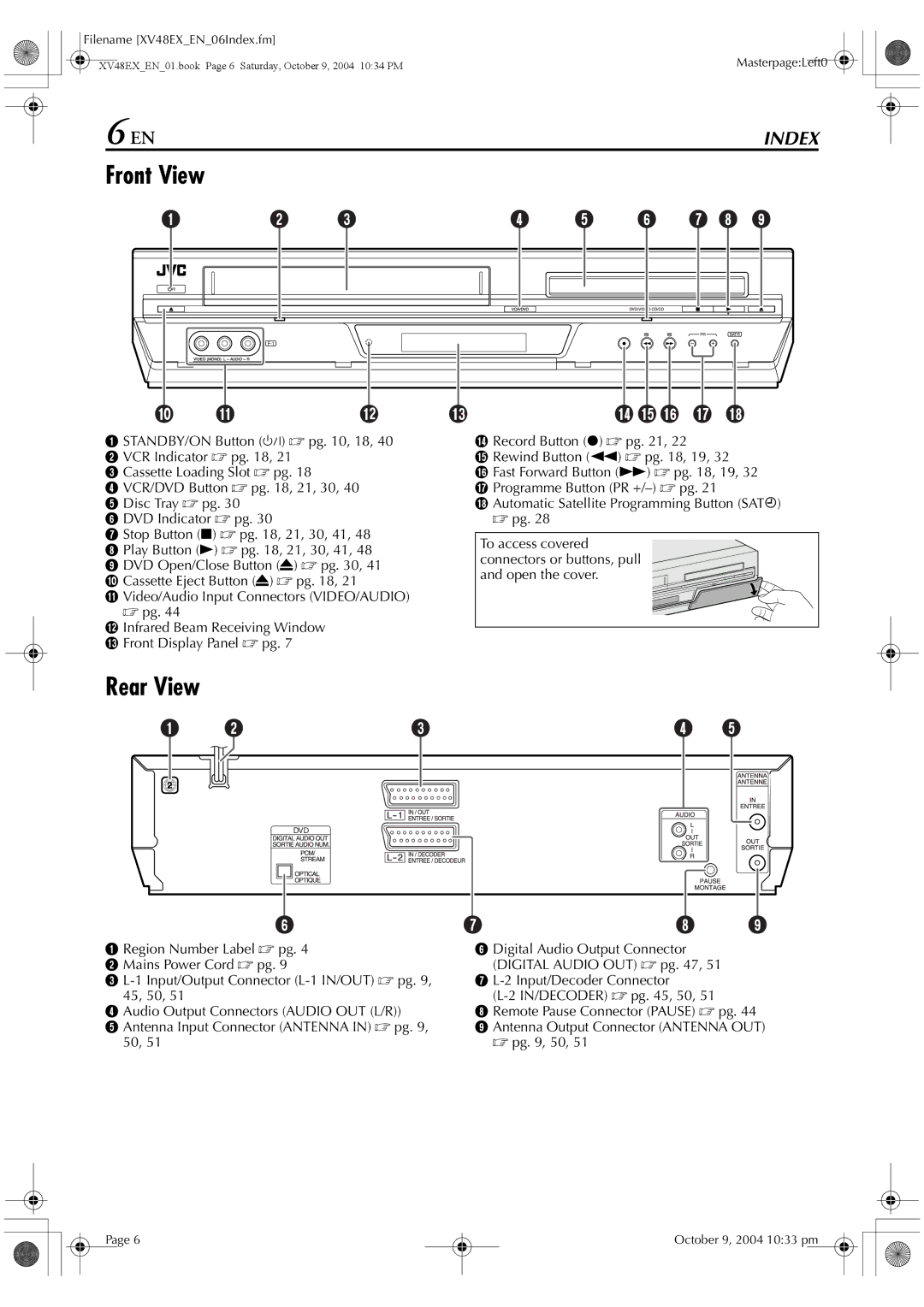 JVC HR-XV48E manual Front View, Rear View,  pg , 50, Filename XV48EXEN06Index.fm 