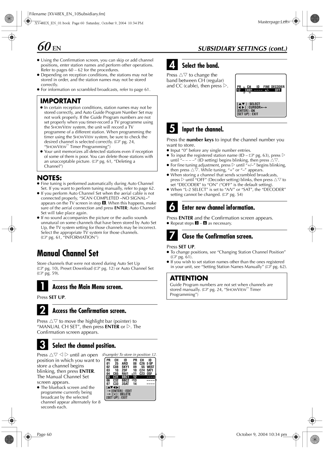 JVC HR-XV48E manual 60 EN, Manual Channel Set 