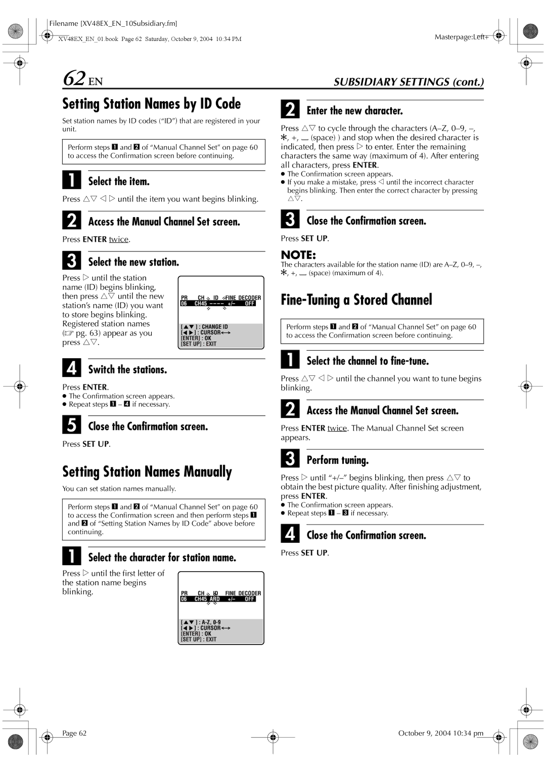 JVC HR-XV48E manual 62 EN, Setting Station Names Manually, Fine-Tuning a Stored Channel 