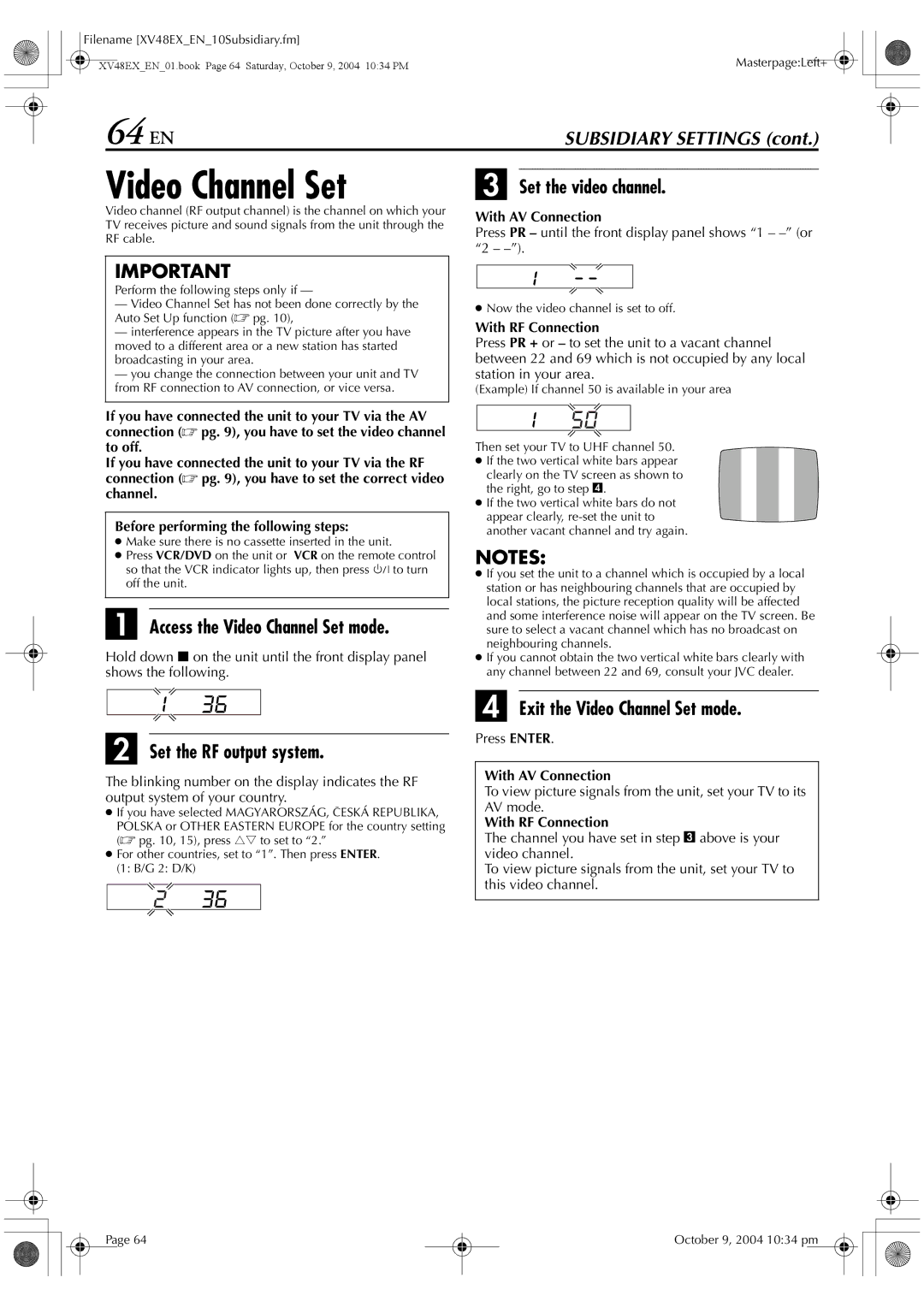 JVC HR-XV48E manual 64 EN, Set the video channel, Access the Video Channel Set mode, Set the RF output system 