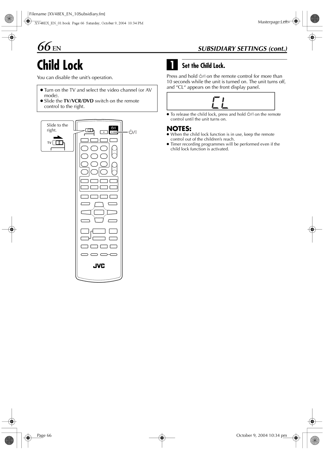 JVC HR-XV48E manual 66 EN, Set the Child Lock 