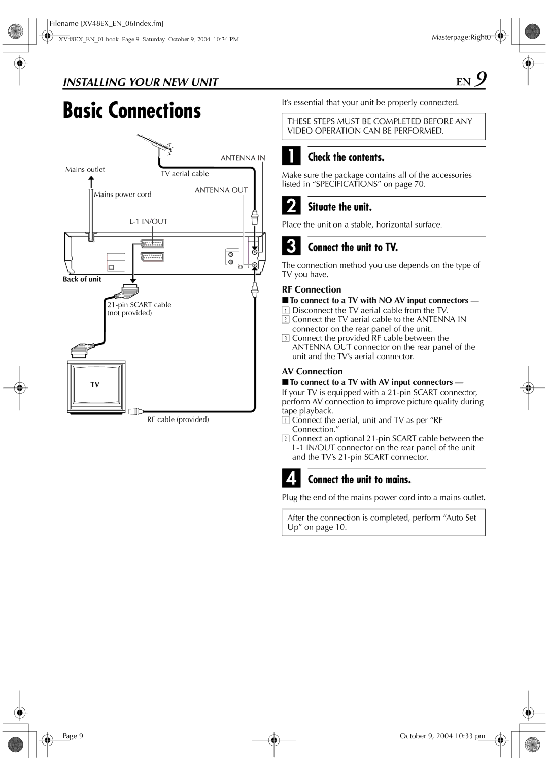 JVC HR-XV48E Basic Connections, Check the contents, Situate the unit, Connect the unit to TV, Connect the unit to mains 