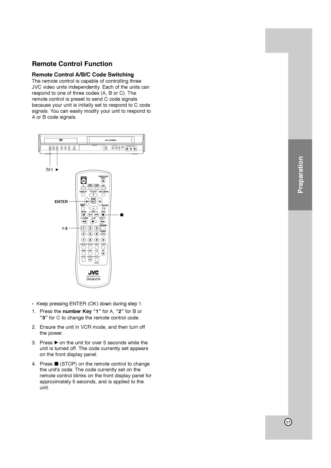 JVC HR-XVC11B manual Remote Control Function, Remote Control A/B/C Code Switching 