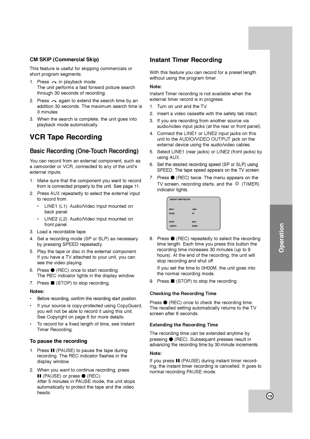 JVC HR-XVC11B manual VCR Tape Recording, Instant Timer Recording, CM Skip Commercial Skip, To pause the recording 