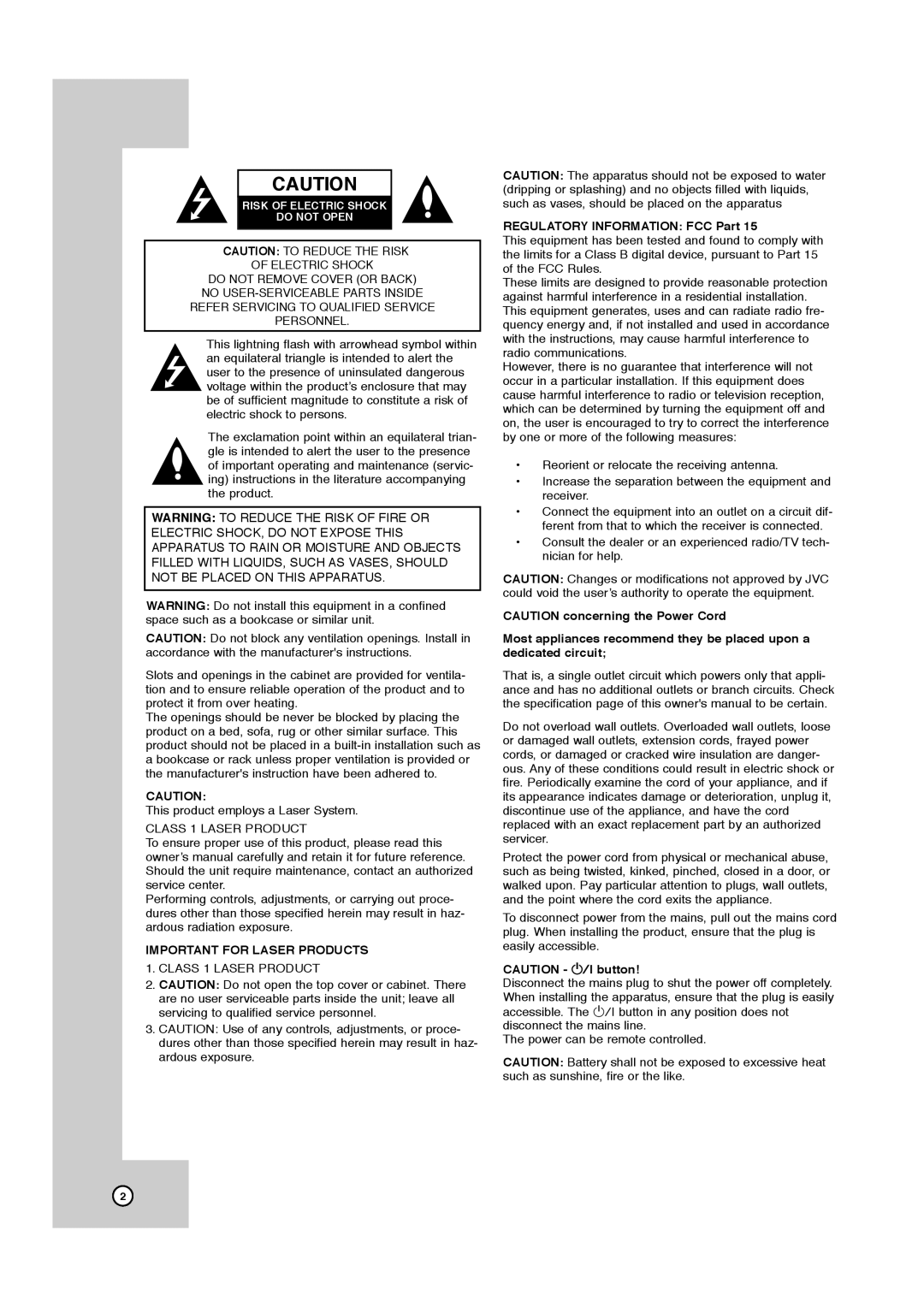 JVC HR-XVC11B manual Important for Laser Products 