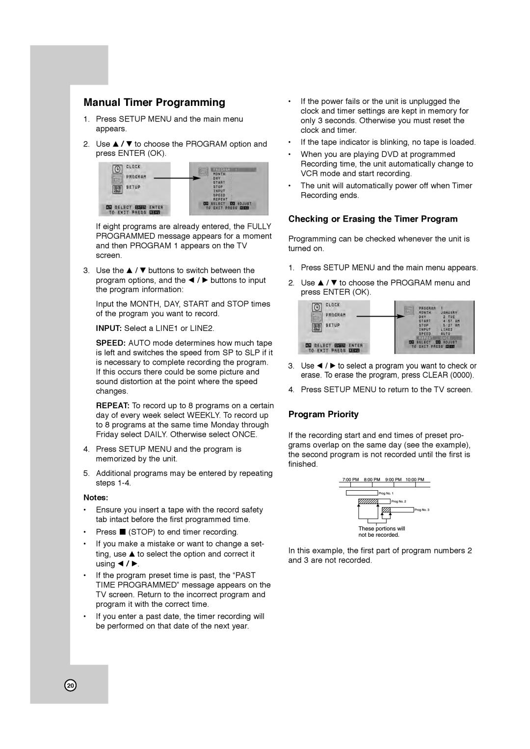 JVC HR-XVC11B manual Manual Timer Programming, Checking or Erasing the Timer Program, Program Priority 