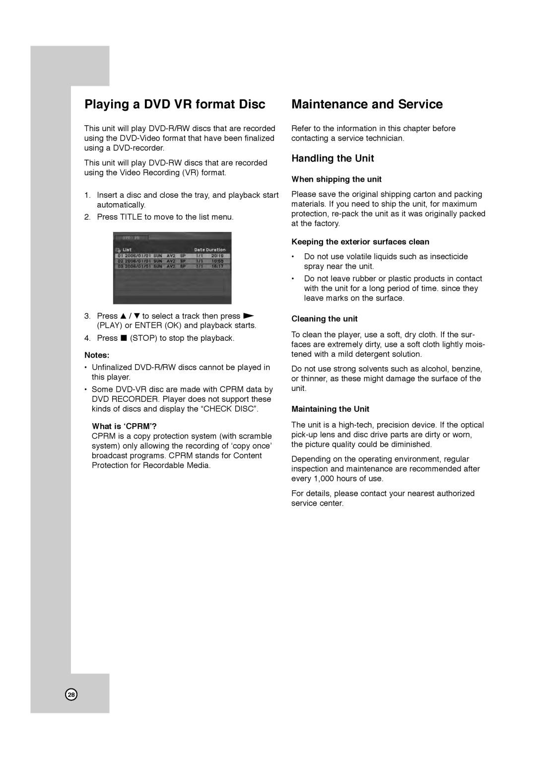 JVC HR-XVC11B manual Playing a DVD VR format Disc, Maintenance and Service 