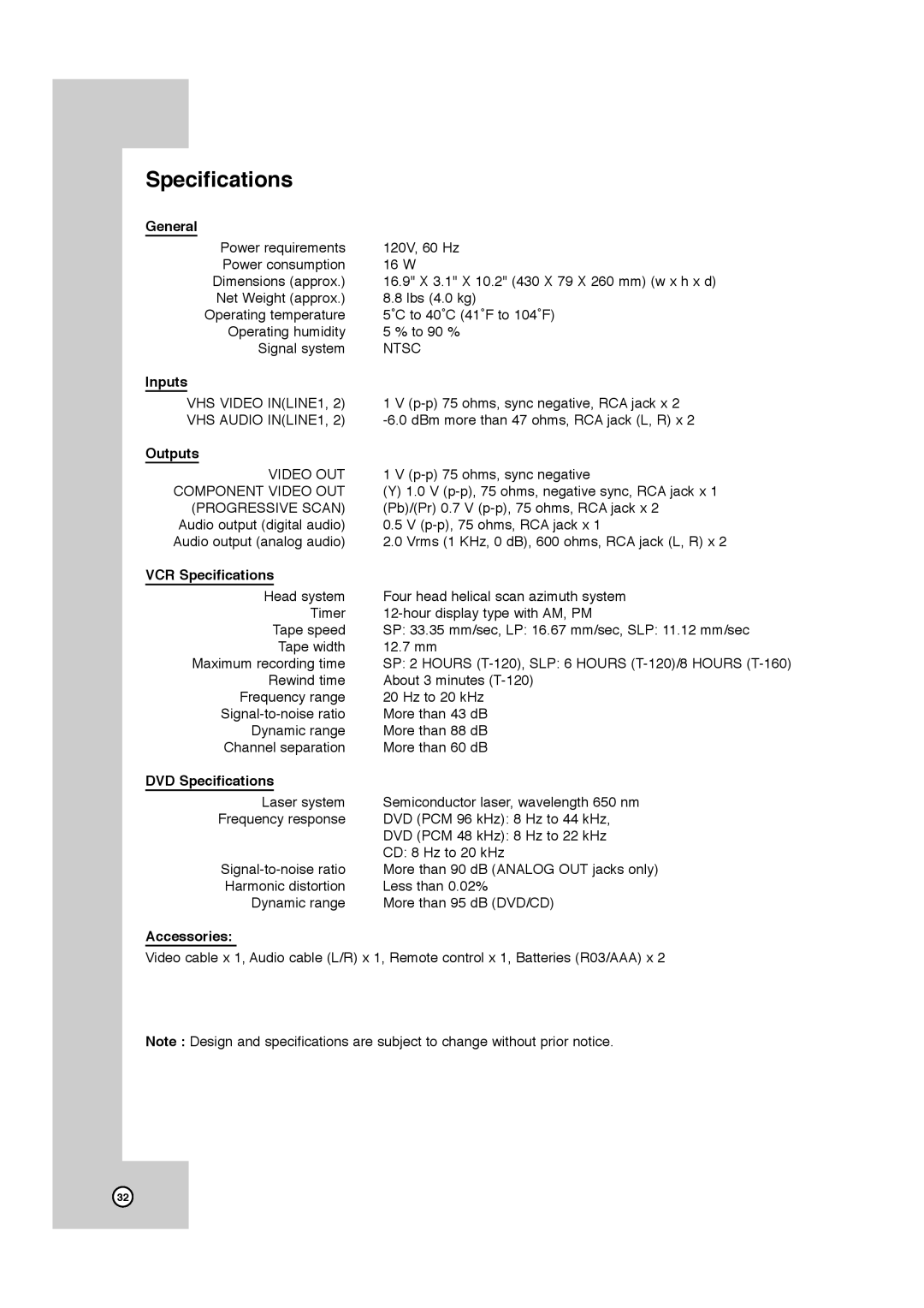 JVC HR-XVC11B manual Specifications 