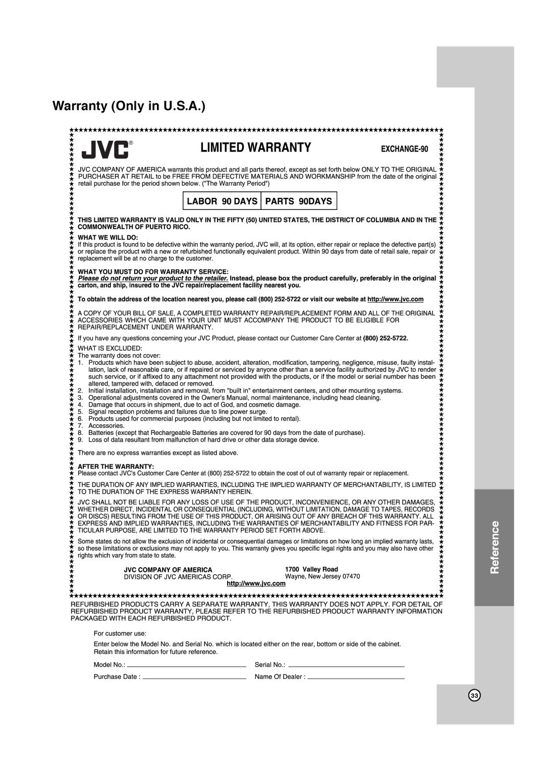 JVC HR-XVC11B manual Warranty Only in U.S.A 