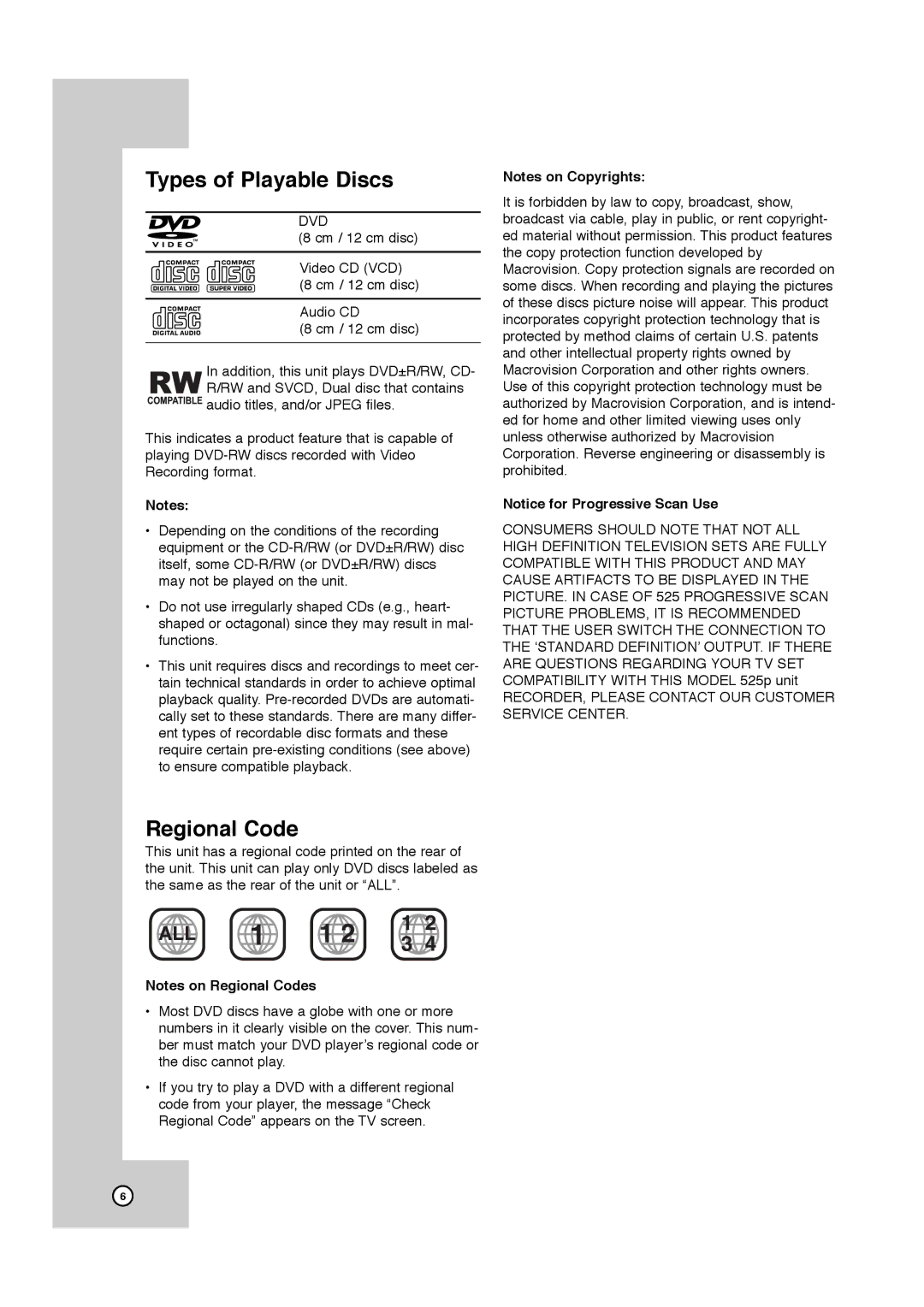 JVC HR-XVC11B manual Types of Playable Discs, Regional Code 