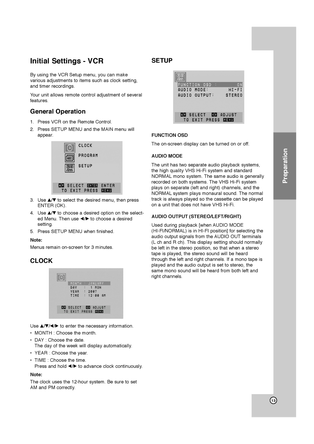 JVC HR-XVC11BJ manual Initial Settings VCR, General Operation 