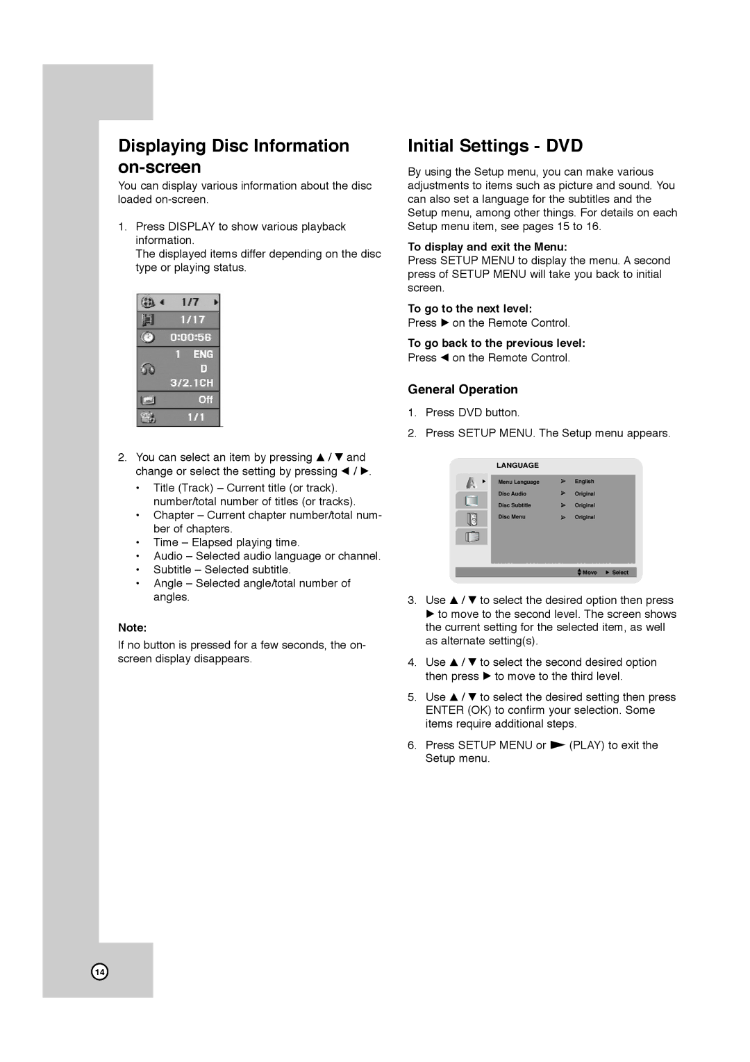 JVC HR-XVC11BJ manual Displaying Disc Information on-screen, Initial Settings DVD, General Operation 