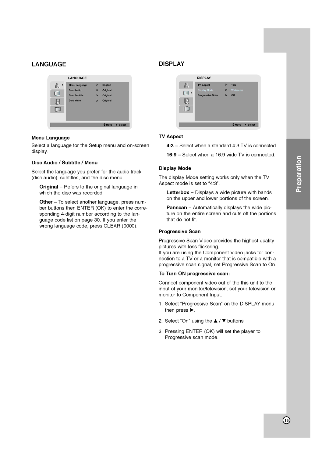 JVC HR-XVC11BJ manual Menu Language, Disc Audio / Subtitle / Menu, TV Aspect, Display Mode, Progressive Scan 