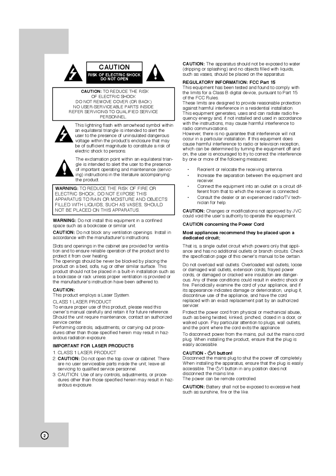 JVC HR-XVC11BJ manual Important for Laser Products 