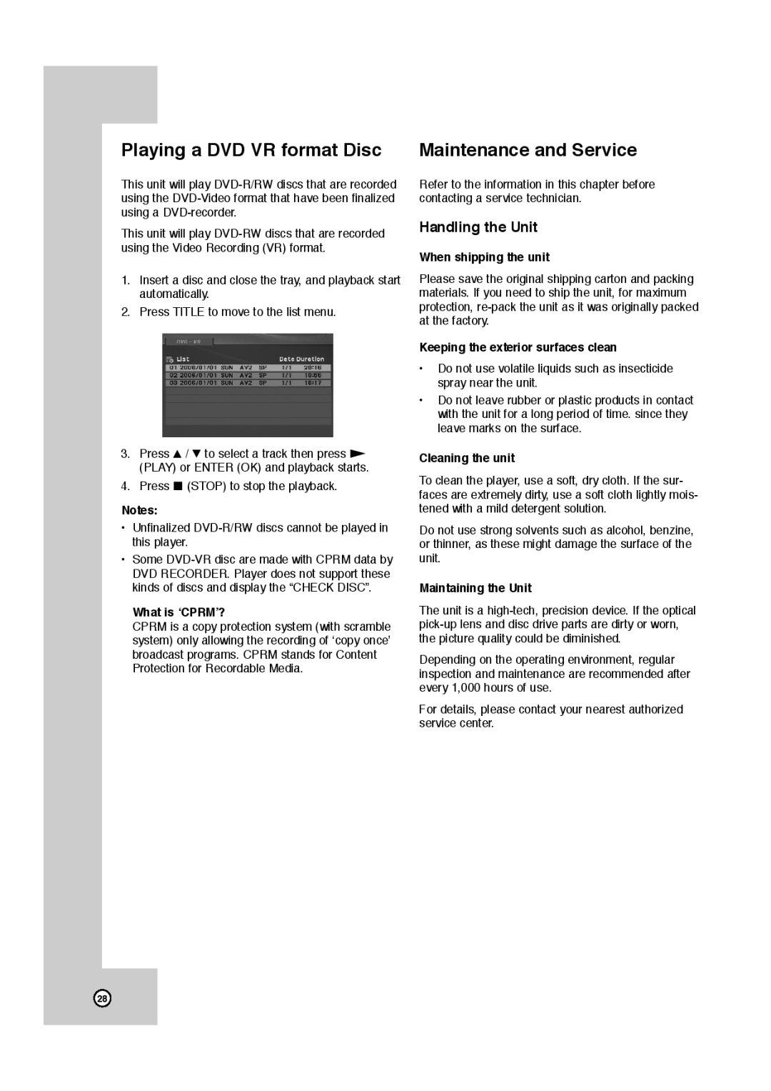 JVC HR-XVC11BJ manual Playing a DVD VR format Disc, Maintenance and Service 