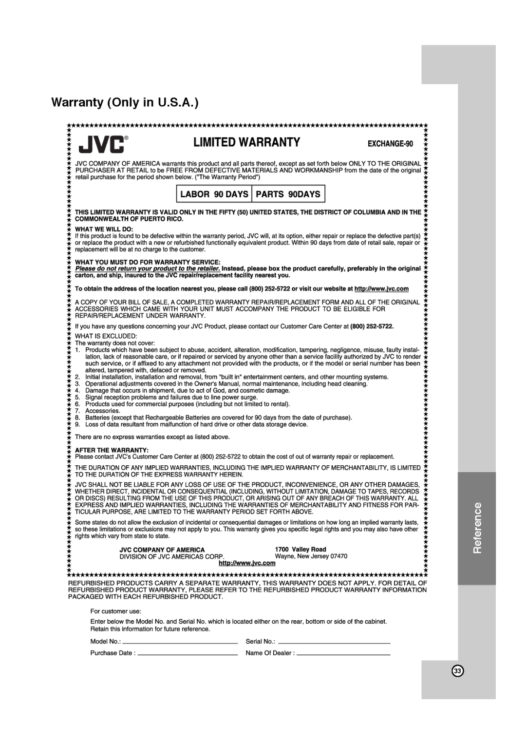 JVC HR-XVC11BJ manual Warranty Only in U.S.A 