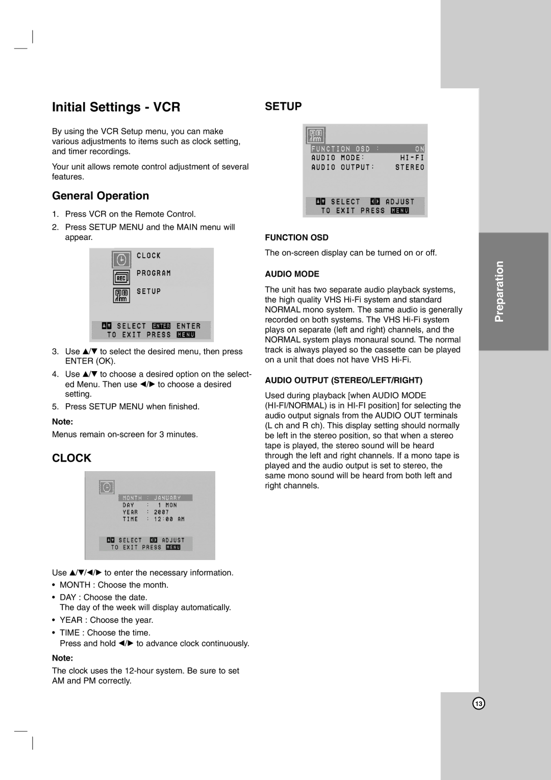 JVC HR-XVC14BU, hr-xvc15bu manual Initial Settings VCR, General Operation 