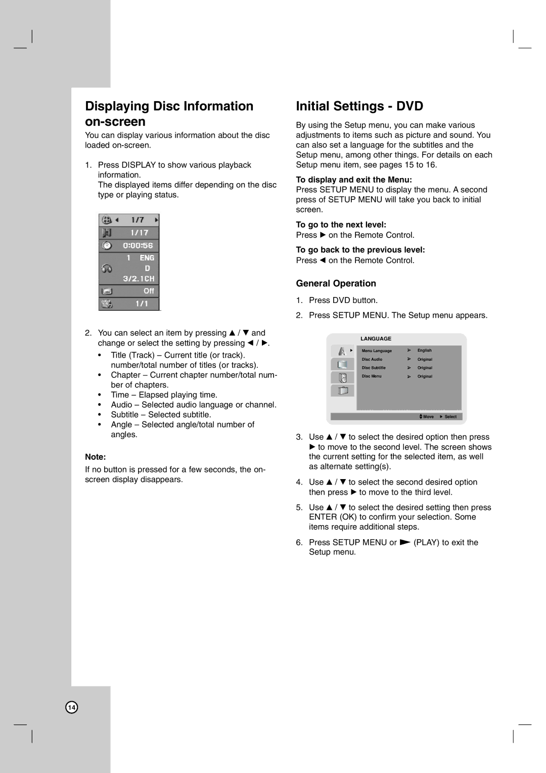 JVC hr-xvc15bu, HR-XVC14BU manual Displaying Disc Information on-screen, Initial Settings DVD, General Operation 