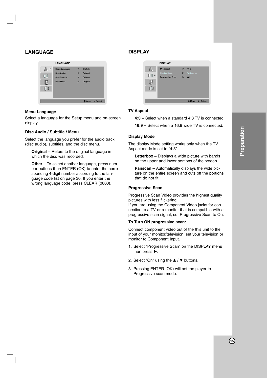 JVC HR-XVC14BU, hr-xvc15bu manual Menu Language, Disc Audio / Subtitle / Menu, TV Aspect, Display Mode, Progressive Scan 