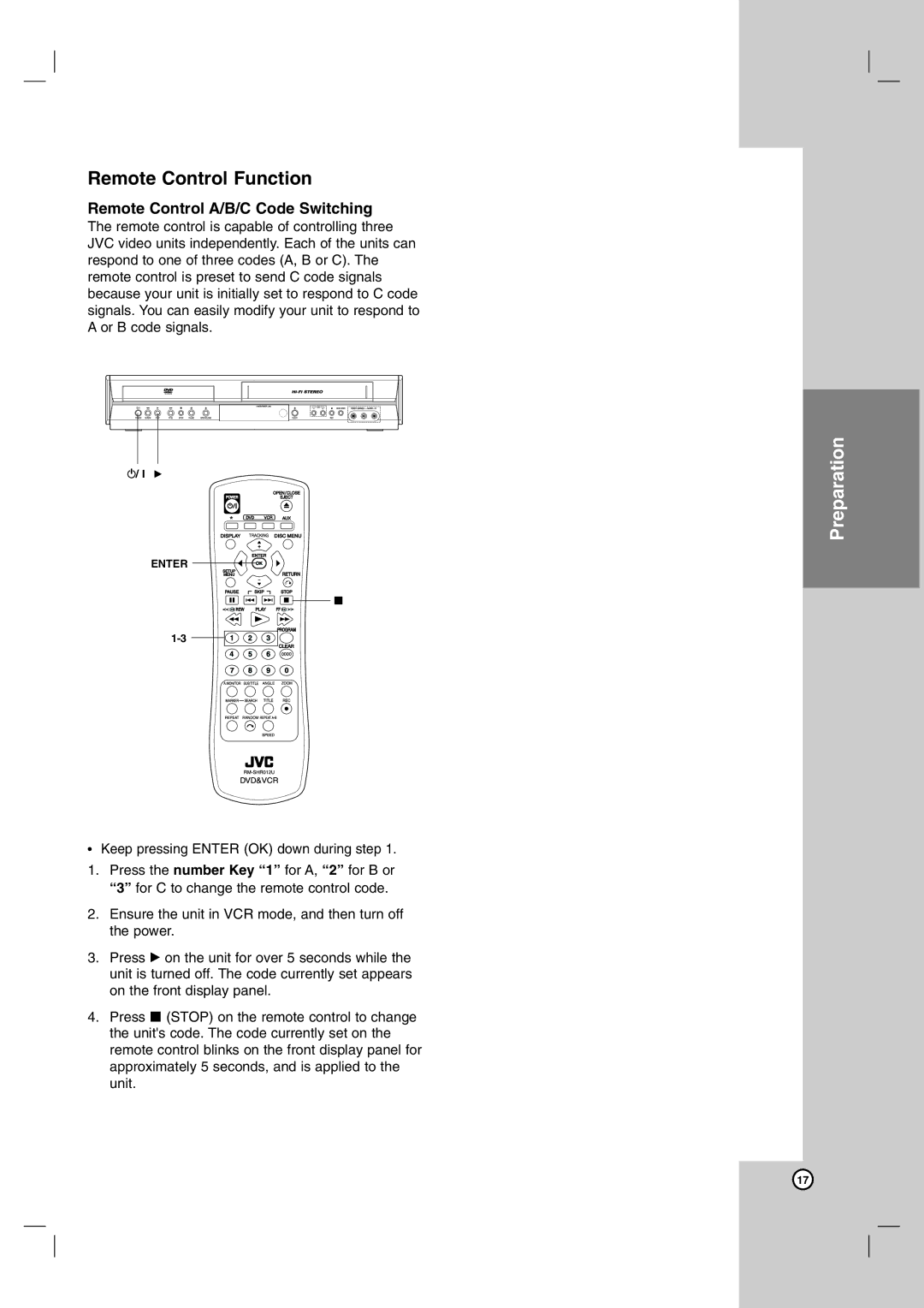 JVC HR-XVC14BU, hr-xvc15bu manual Remote Control Function, Remote Control A/B/C Code Switching 