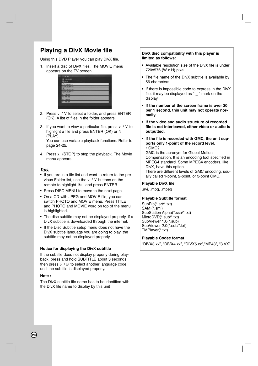 JVC hr-xvc15bu, HR-XVC14BU Playing a DivX Movie file, Playable DivX file, Playable Subtitle format, Playable Codec format 