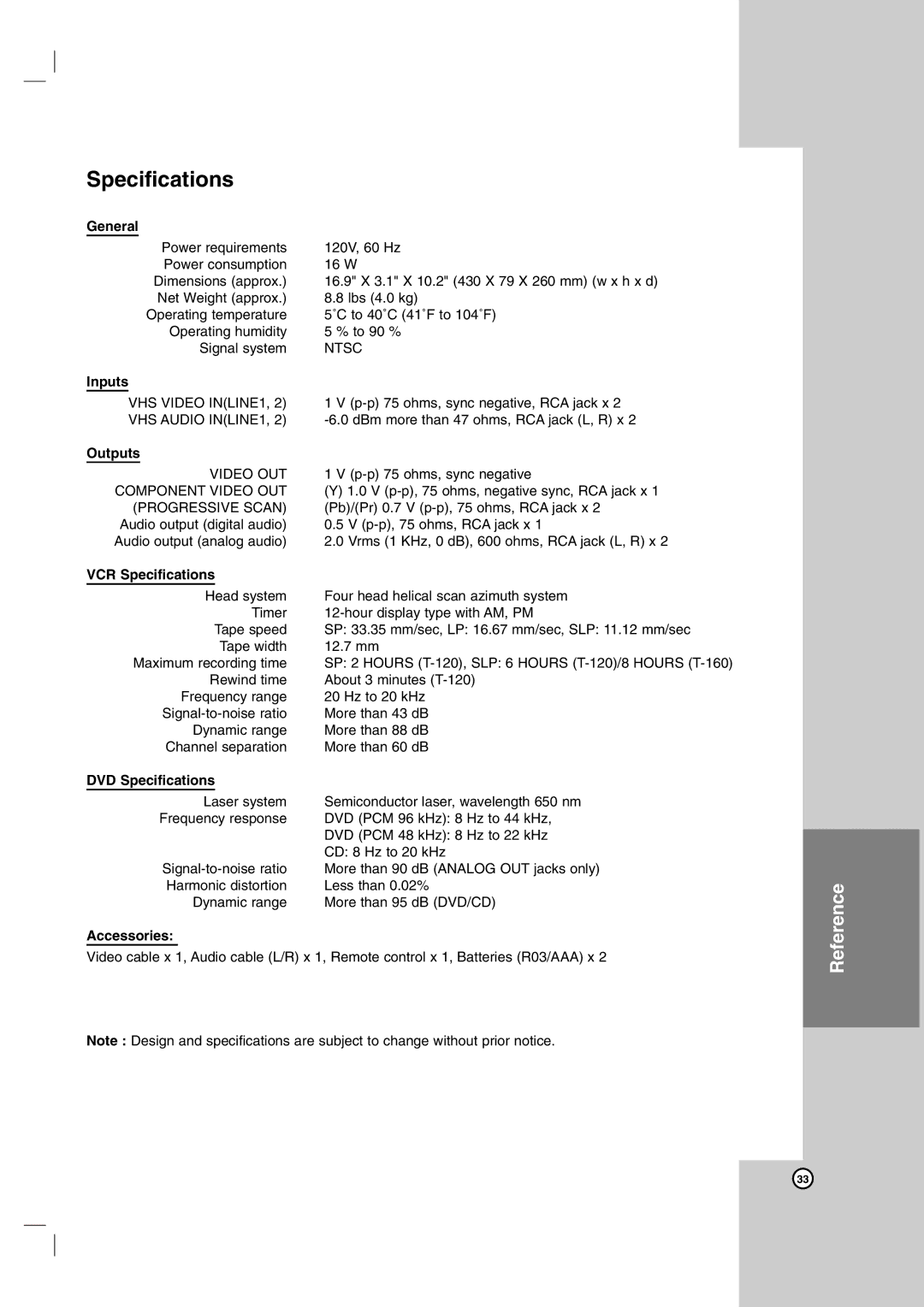 JVC HR-XVC14BU, hr-xvc15bu manual Specifications 