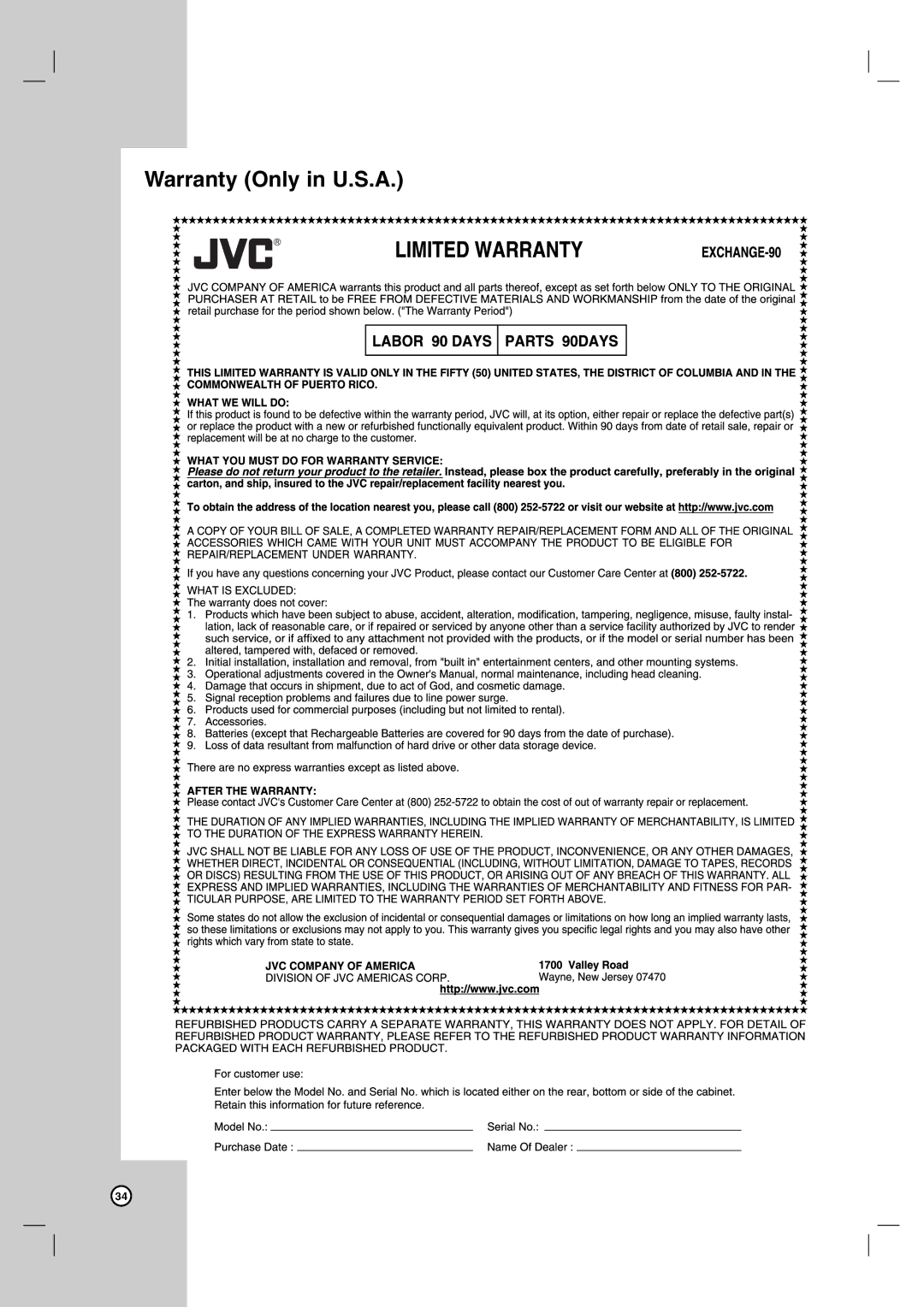 JVC hr-xvc15bu, HR-XVC14BU manual Warranty Only in U.S.A 