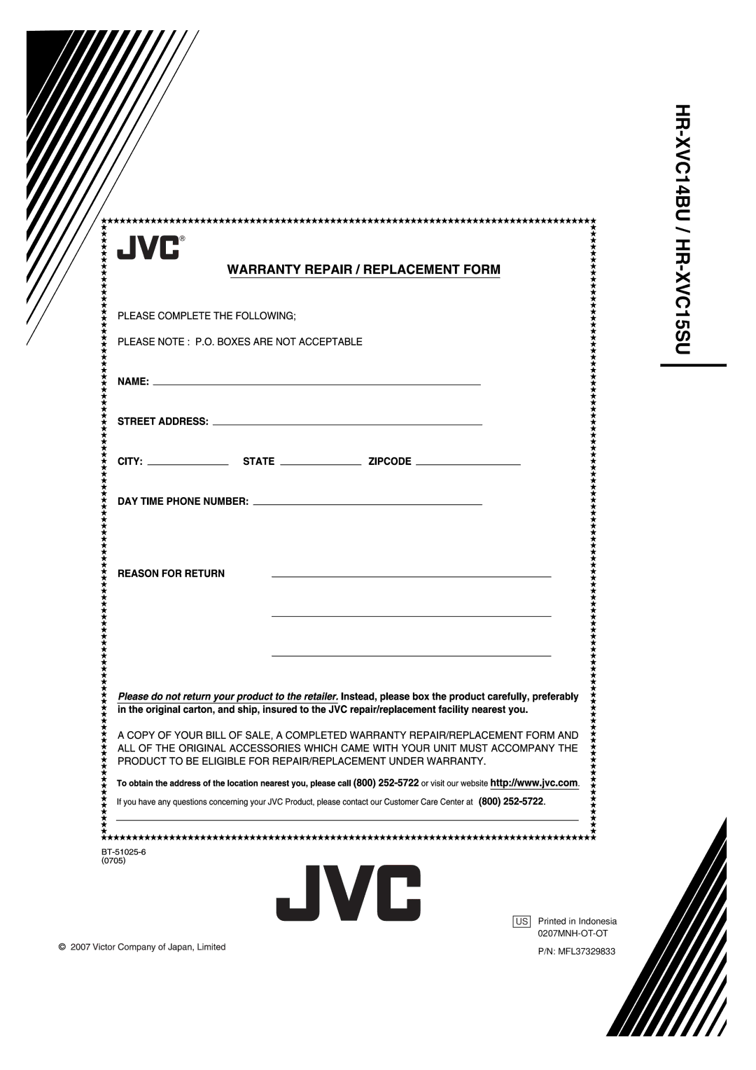 JVC hr-xvc15bu manual HR-XVC14BU / HR-XVC15SU 