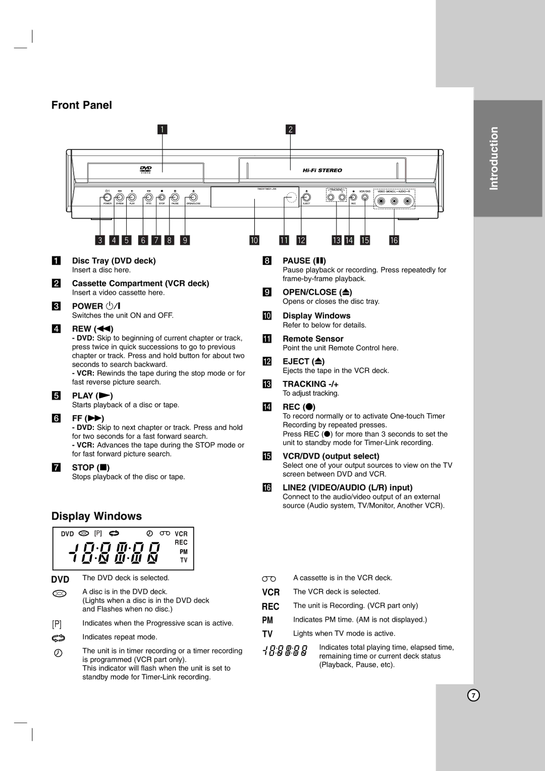 JVC HR-XVC14BU, hr-xvc15bu manual Front Panel, Display Windows 