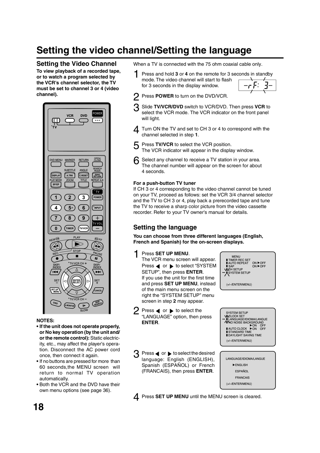 JVC HR-XVC15U manual Setting the video channel/Setting the language, Setting the Video Channel, Enter 