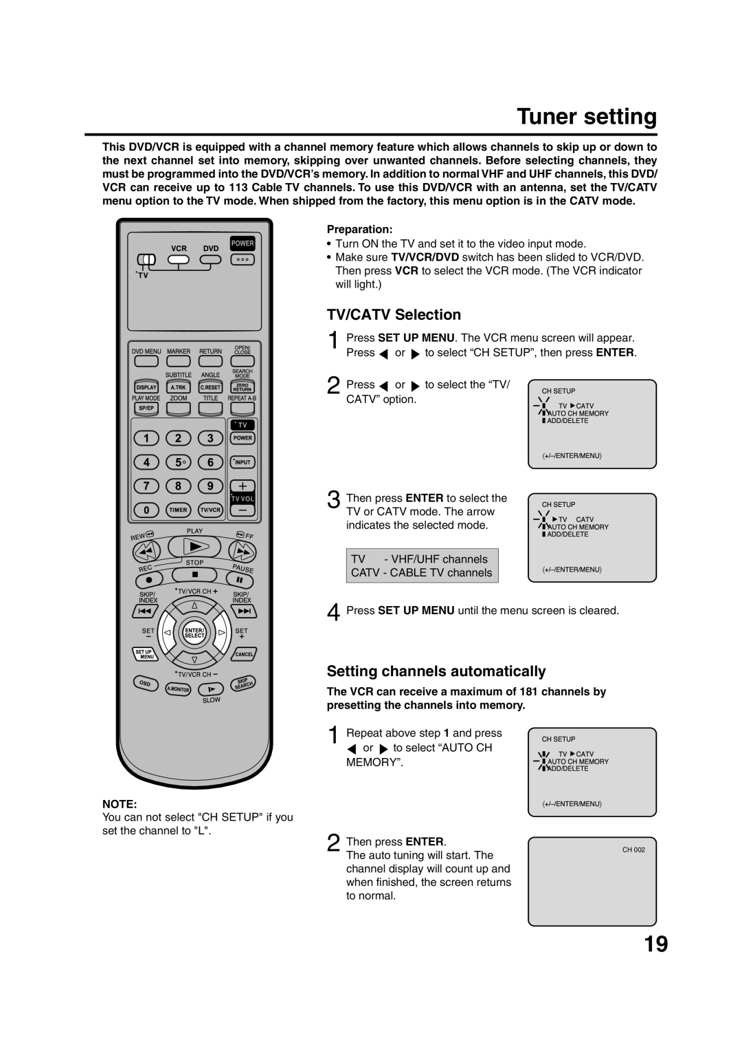 JVC HR-XVC15U manual Tuner setting, TV/CATV Selection, Setting channels automatically, Presetting the channels into memory 