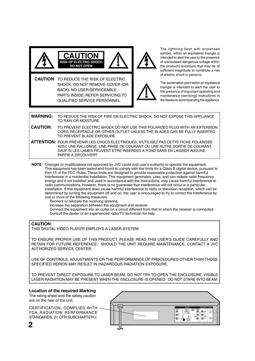 JVC HR-XVC15U manual Location of the required Marking, Risk of Electric Shock Do not Open 