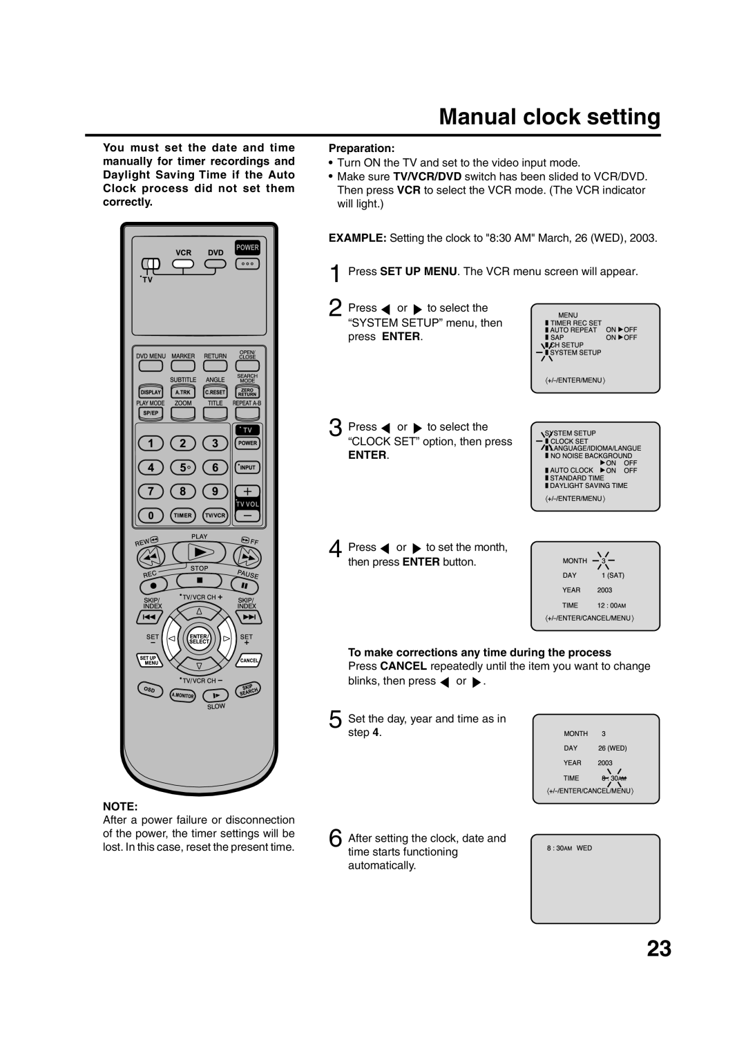 JVC HR-XVC15U manual Manual clock setting, To make corrections any time during the process 