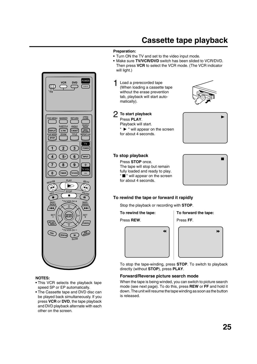 JVC HR-XVC15U manual Cassette tape playback, To stop playback, To rewind the tape or forward it rapidly 