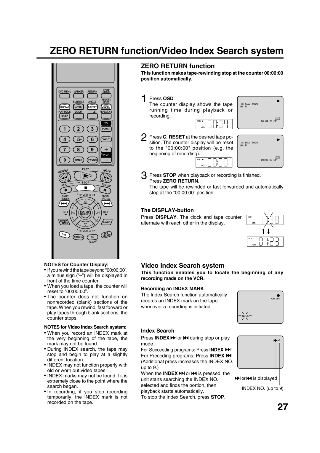 JVC HR-XVC15U manual Zero Return function/Video Index Search system, DISPLAY-button 