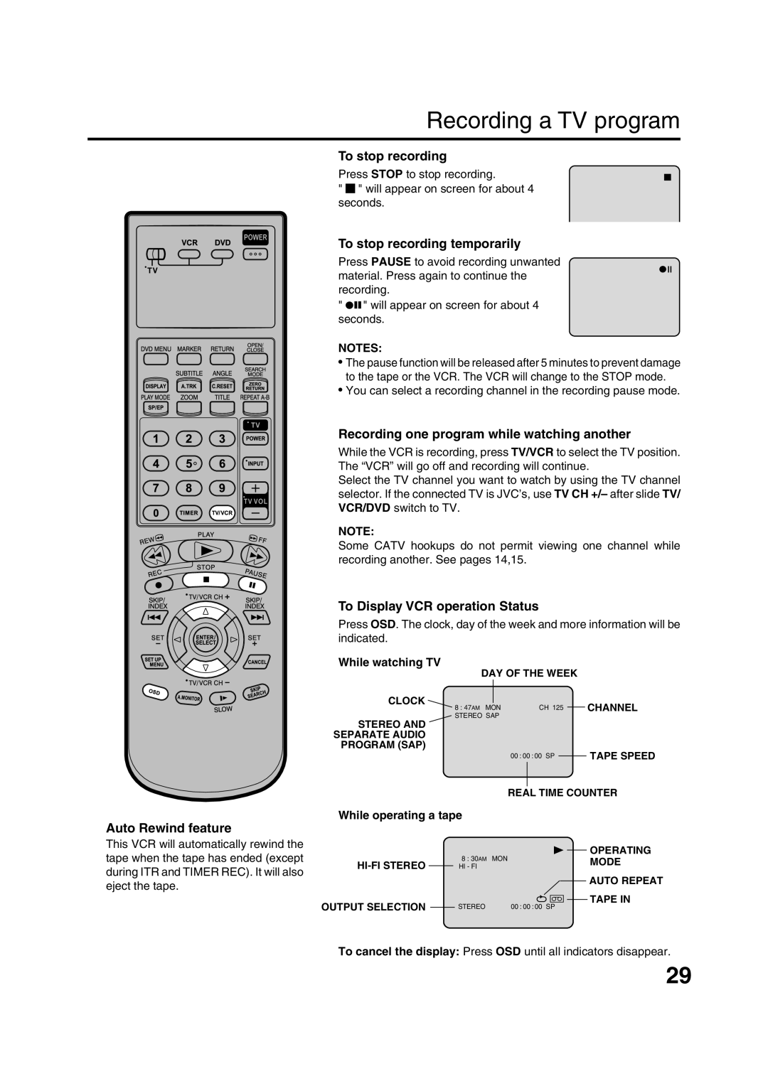 JVC HR-XVC15U manual Recording a TV program 