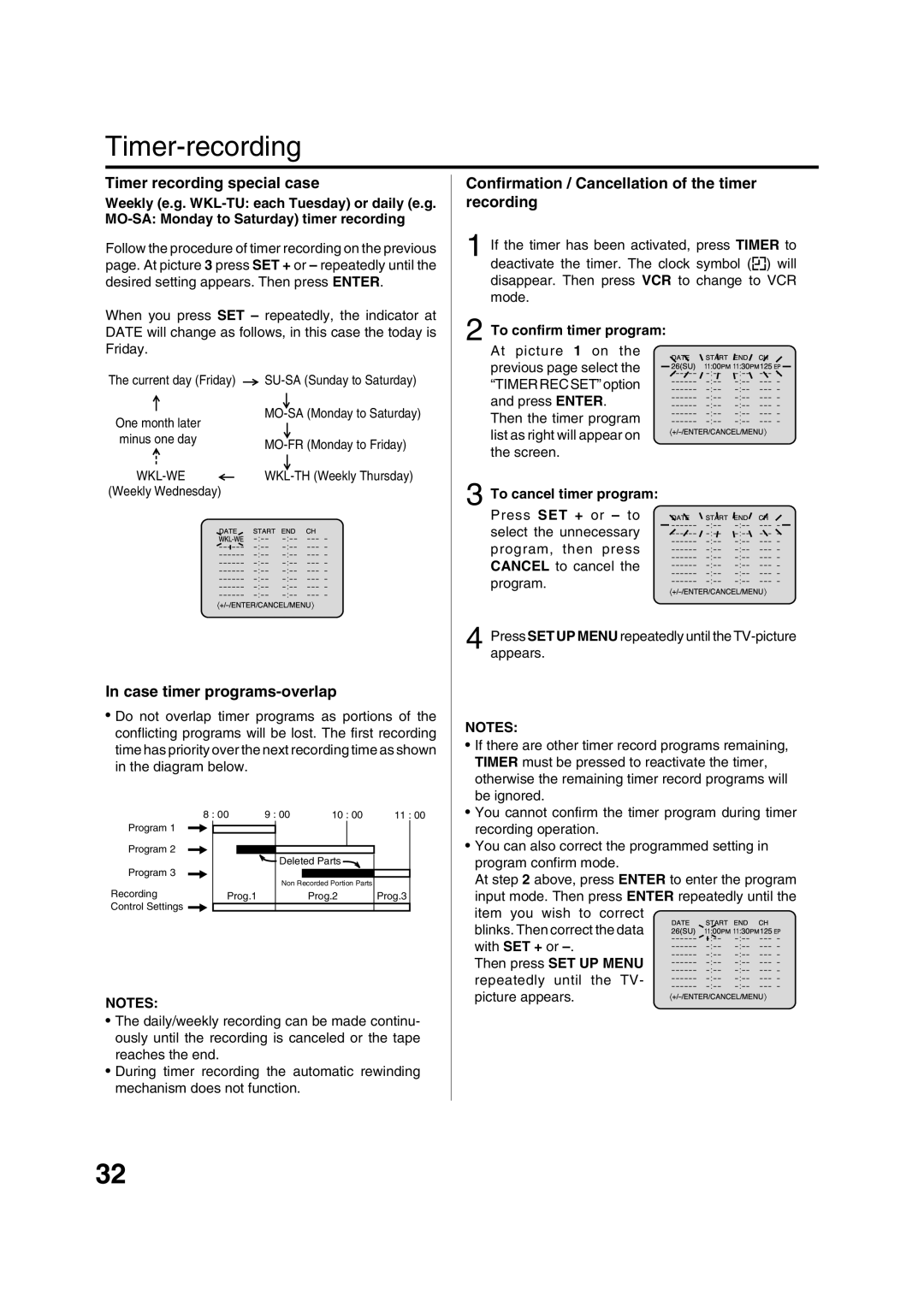 JVC HR-XVC15U manual Timer-recording, Timer recording special case, Case timer programs-overlap, To cancel timer program 